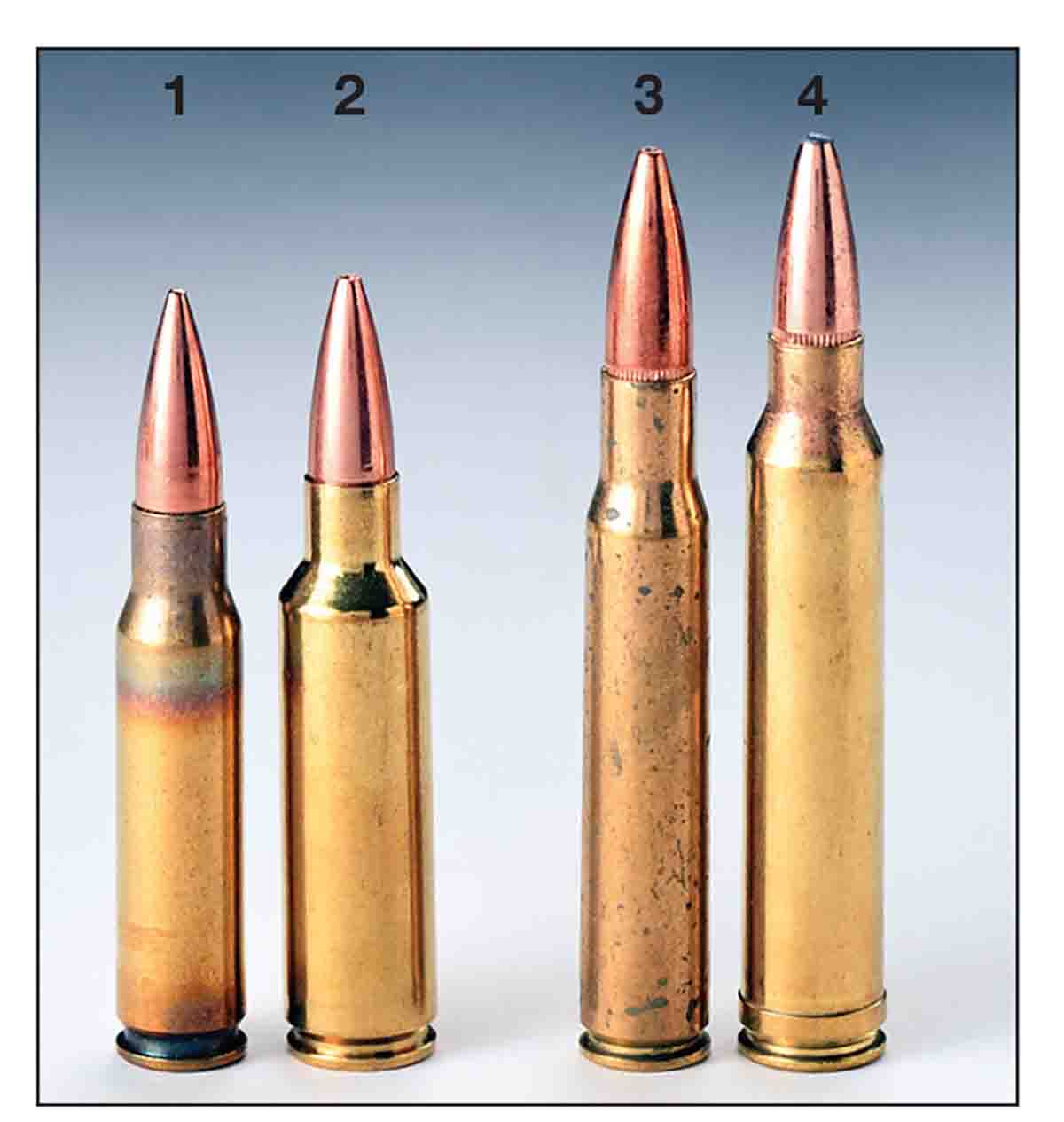 The (1) .308 and (2) .300 WSM were designed for a short action. The latter requires more intrusion into the powder space, but its performance is much greater. The (3) .30-06 and (4) .300 Winchester Magnum require a long action length. In spite of deep bullet seating and a short neck, the .300 Winchester Magnum provides greater performance.
